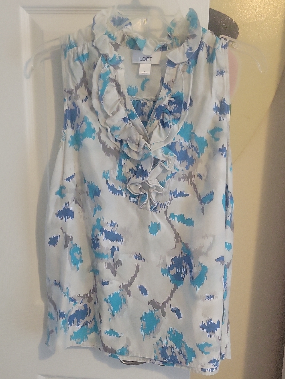 LOFT SzM Floral Ruffle V-Neck Camisole with Blue Accents Cotton, Silk blend